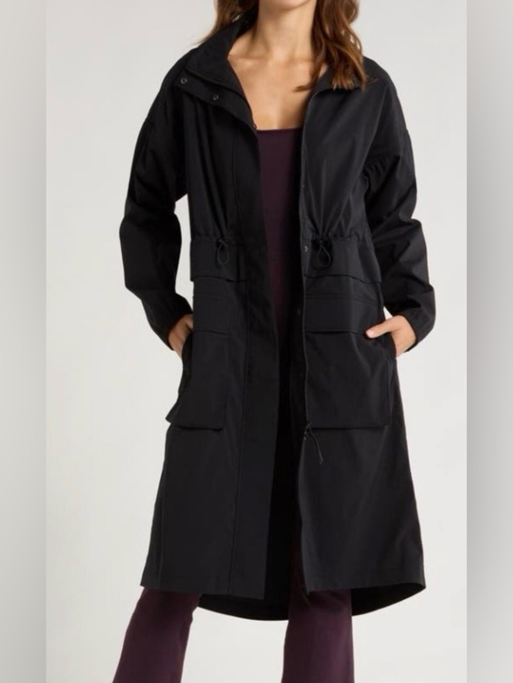 Zella Black Water-Repellent Hooded Rain Jacket Cinch Waist Longline Coat